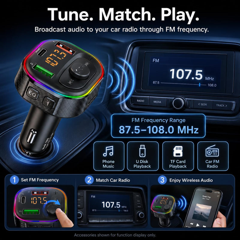 Fm Transmitter Bluetooth Car Adapter, Charger Daul USB & Type C | FM Transmitter for Car PD 30W Fast Charging Wireless Music MP3 Player, Audio Receiver, Hands-Free Call Cigarette Lighter Plug