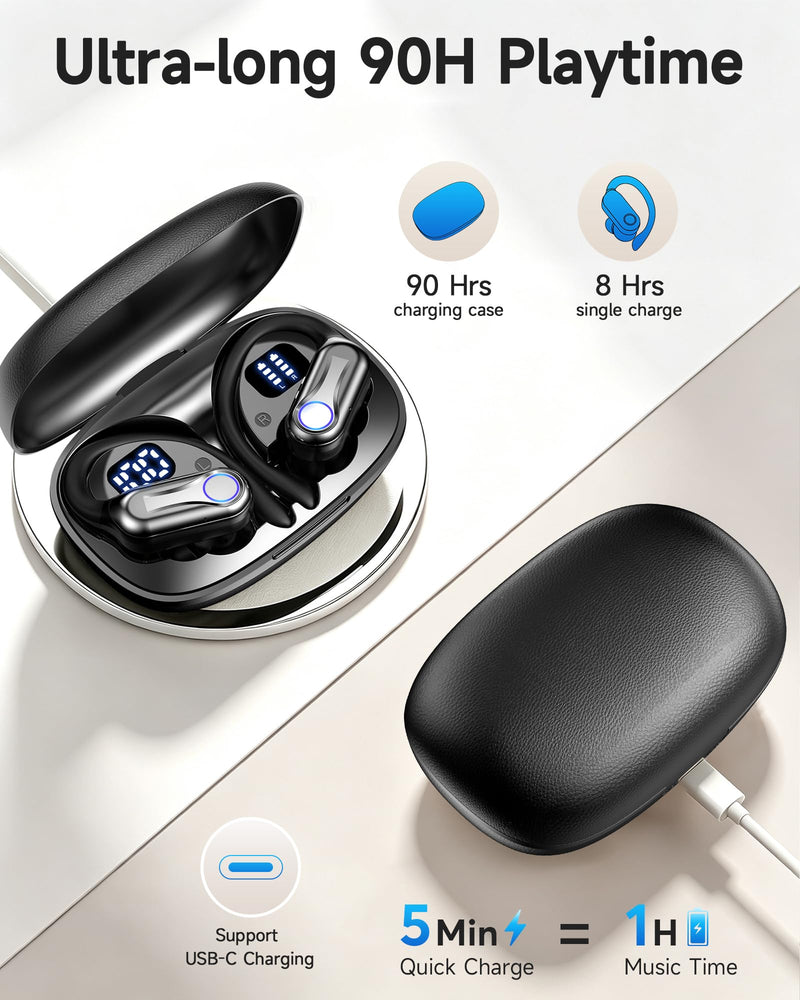 Wireless Earbuds, Bluetooth Headphones 6.1, 90H Playtime Ear Buds with Hooks for Sports, Dual LED Display Earphones IPX7 Waterproof for Gym/Runing/Workout deep black