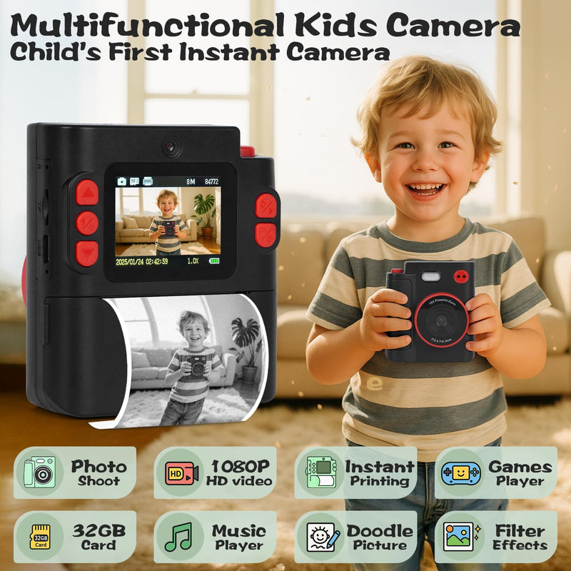Kids Camera Instant Print, 1080P HD Dual-Lens Selfie Digital Camera with 5 Printing Paper Rolls & 32G TF Card, for Children, Portable Toddler Toy for Age 3-12 Boys & Girls (Black) Black