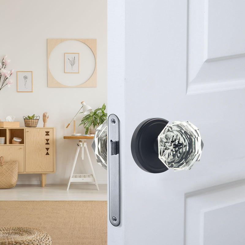 Crystal Door Knobs 1 Pack, Passage Glass Door Handles Interior Levers Black Antique Clear for Bedroom Study Laundry Room Entrance Hall, Stain Decorative