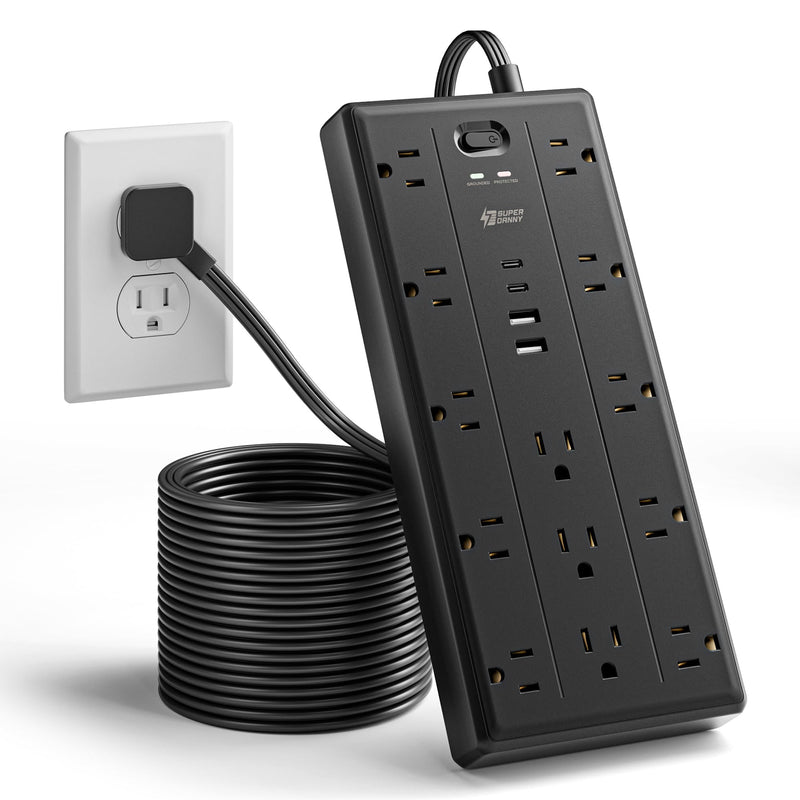 SUPERDANNY 10Ft Extension Cord with Multiple Outlets, Flat Plug Power Strip | 2100J, 13AC 2 USB C 2 USB A Charging Ports, Surge Protector, Desk Charging Station, Home Office, College Dorm Room Essentials Black 10 FT