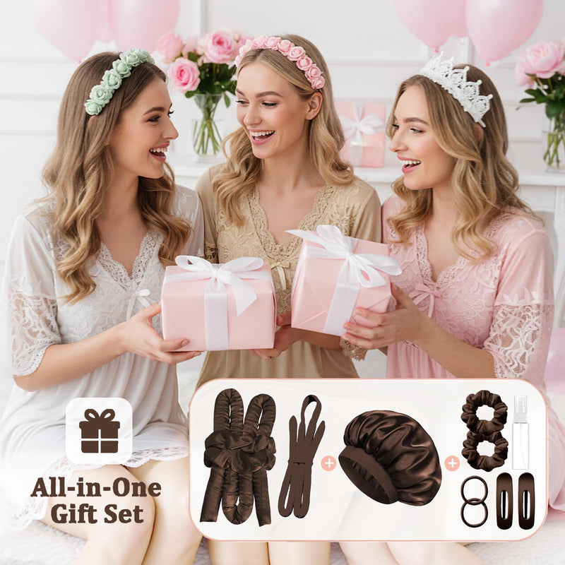 Heatless Hair Curler Overnight 11Pcs Set, 2 Sizes of Hair Rollers for Women with Bonnet to Sleep In, No Heat Curlers with Scrunchies and Clips, for Long and Medium Hair (Brown) Brown