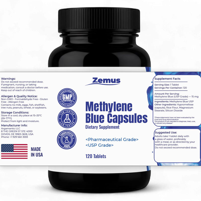 Zemus Methylene Blue Capsules – 15mg Pharmaceutical Grade USP – Made in USA – 99.9% Pure Methylene Blue for Human Use, Lab Tested, Cognitive Support - 120 Capsules 120 Capsules - 120 Day Supply