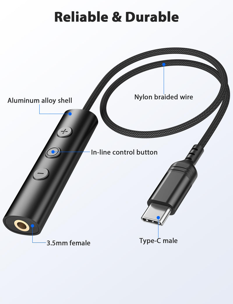 USB C to 3.5mm Headphone Aux Jack Adapter Cable with in-Line Control | Type C to 3.5mm Audio Converter AUX Dongle Braided Cable Type C Earbuds Adapter for iPhone 17 16 15/Samsung S26 S25 S24,Black Black