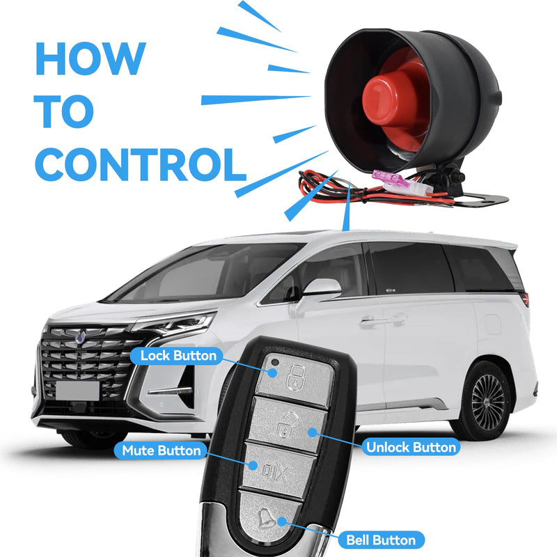 WHALETAIL Universal 12V 20W Car Security Horn Vehicle Alarm Security Protection System, Auto Car Alarm Device, Sensitivity Anti Theft Car Alarm System, Loud Horn Car Alarm System with 2 Remote 6 Tone