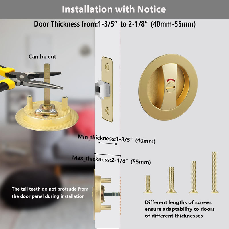 Round Pocket Door Lock with Indicator,1 Pack Contemporary Privacy Pocket Door Hardware,Flush Pocket Door Latch(2-3/8" Backset) for 1-3/5" to 2-1/8" Thickness Door,Brushed Gold Round Lock with Indicator - 1 Pack Brushed Gold
