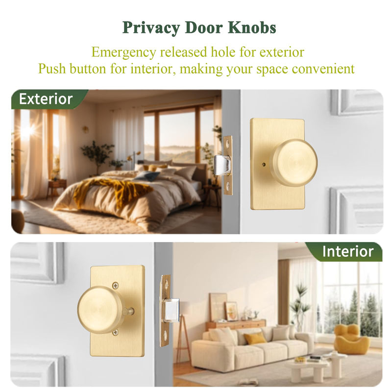 parro Gold Door Knob Interior for Bath & Bedroom, Bathroom Door Knob with Push Lock, Privacy Interior Door Handle with Lock Satin Brass