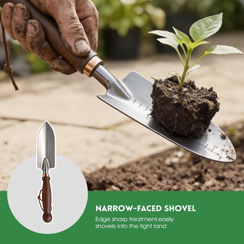 Garden Tools, 4 Pack Garden Shovel with Wooden Handles Hand Tools with Transplanting Hand Shovel, Rake and Root Picker Ideal for Digging and Planting