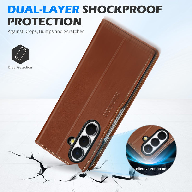 SHIELDON Genuine Leather Wallet Case for Galaxy Z Fold 8 Ultra, Retro Brown | Folio Magnetic Cover, RFID Blocking, Credit Card Holder, Kickstand, Fodable Design, Shockproof Protective Shell for Men Women
