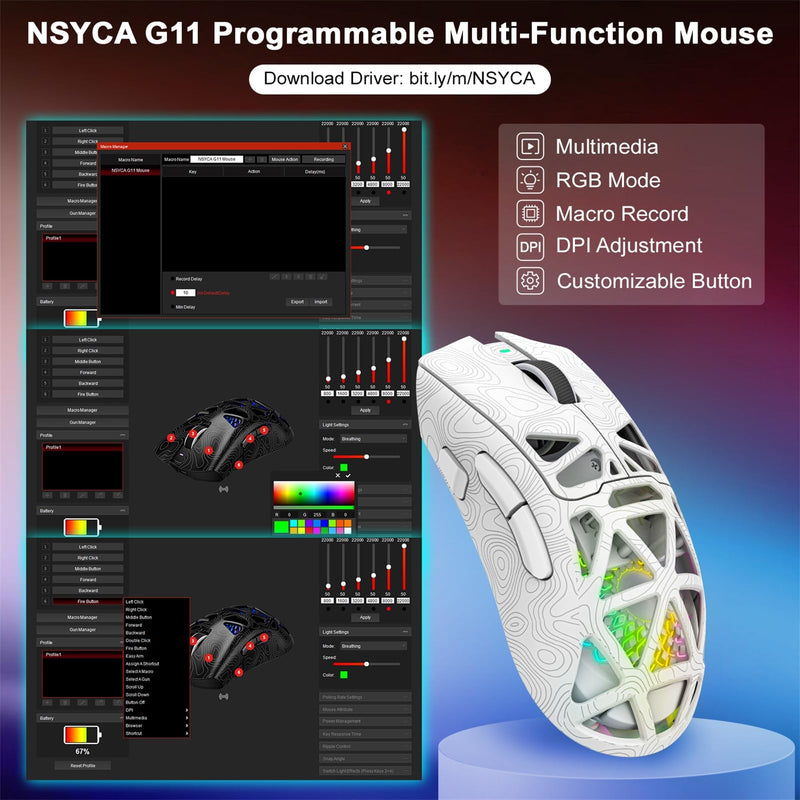 G11 RGB Wireless Gaming Mouse for Gaming Setup & Multi-Device Use, Tri-Mode Bluetooth 5.1/2.4GHz/USB-C, 22000 DPI Lightweight Programmable Mouse for PC, Laptop & Mac Line White