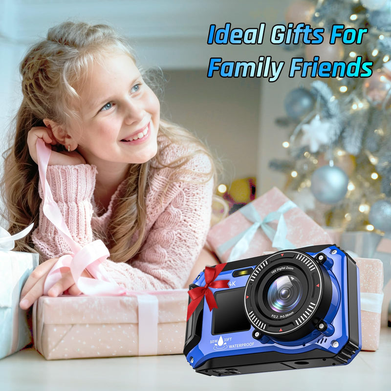 4K Underwater Camera 64MP 33FT Waterproof Camera with 32GB Card | Dual-Screen, 16X Zoom, Autofocus, Floatable, 1500mAh Battery, Fill Light, Ideal for Snorkeling, Swimming, Travel Blue