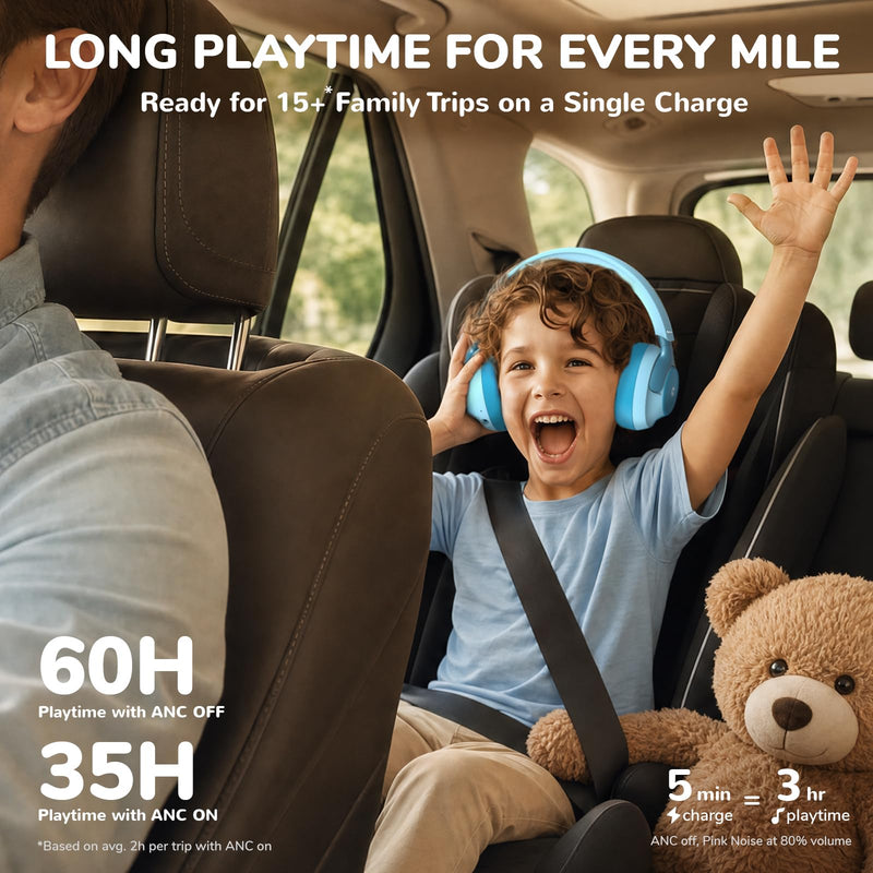 iClever Q950 Hearing Care Certified Noise Cancelling Headphones for Kids | SafeSound Tech 3.1, TÜV Certified, Sensory Inclusive for Autism, Red Dot Award Winner, 60H Playtime, Storage Case for Travel Blue