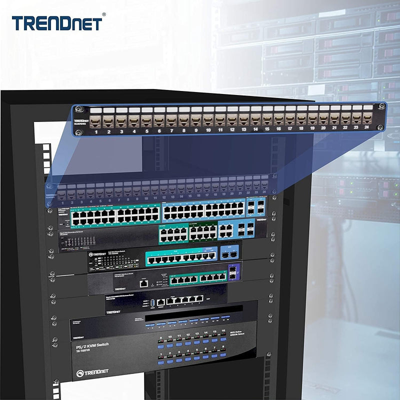 TRENDnet 24-Port Blank Keystone Shielded 1U Patch Panel, 1U 19" Rackmount Housing, Protects Against EMI/RFI Noise, Recommended with TC-K06C6A Cat6A Keystone Jacks (Sold Separately), Black, TC-KP24S 24-Port Shielded Blank Keystone