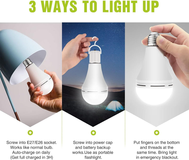 Neporal 4 Pack Emergency-Rechargeable-Light-Bulb, Stay Lights Up When Power Failure, 1500mAh 15W 80W Equivalent LED Light Bulbs for Home, Camping, Tent (E27, with Hook) (Daylight) Daylight 4 Pack 1500mAh