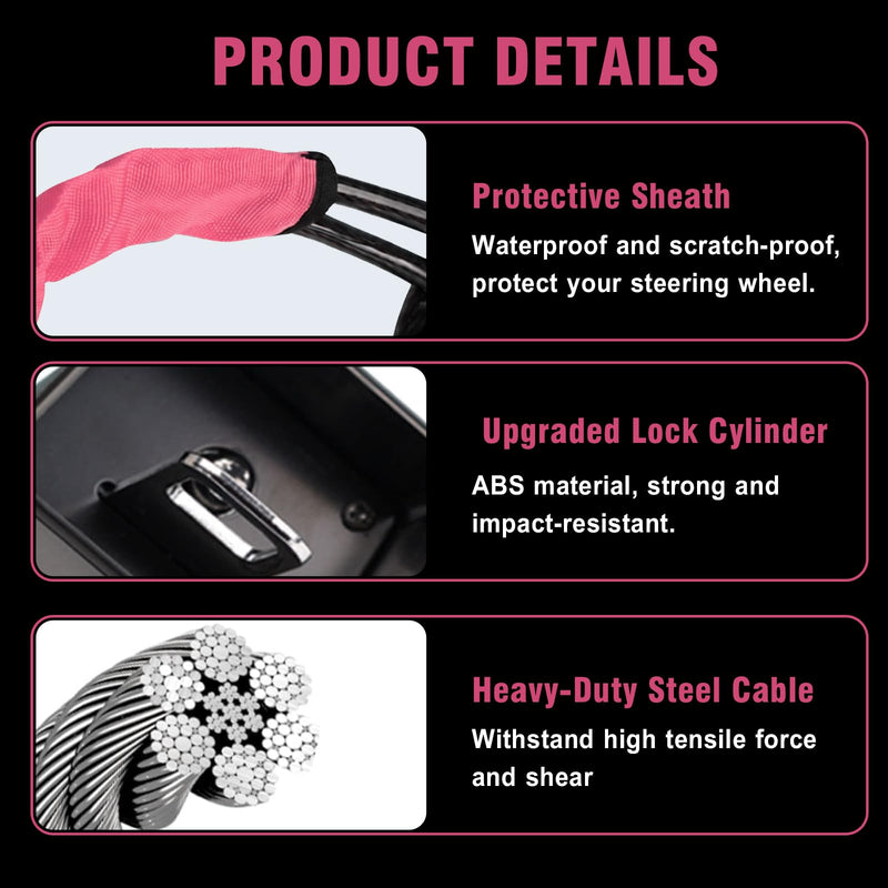 Car Steering Wheel Lock, High-Strength Steel Cable Car Seat Belt Lock, Theft Prevention with 2 Keys for Car Security Fit Most Vehicles Truck SUV Van (Pink) Pink