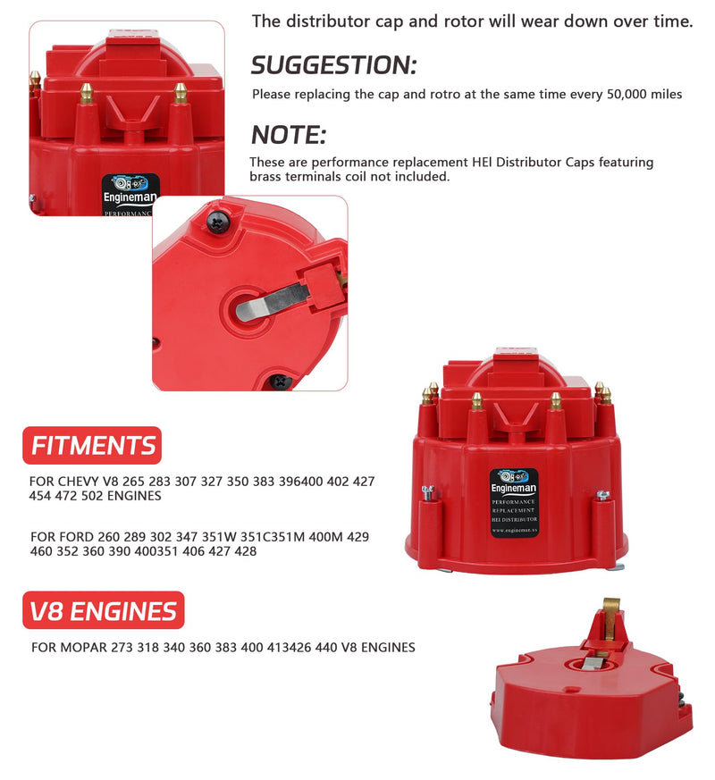 Red Male HEI Distributor Cap and Rotor Kit for SBC BBC 283 305 307 327 350 396 454 V8 Engines Performance Replacement for K549, 8416, 400, 454 Distributor Cap Assembly Red