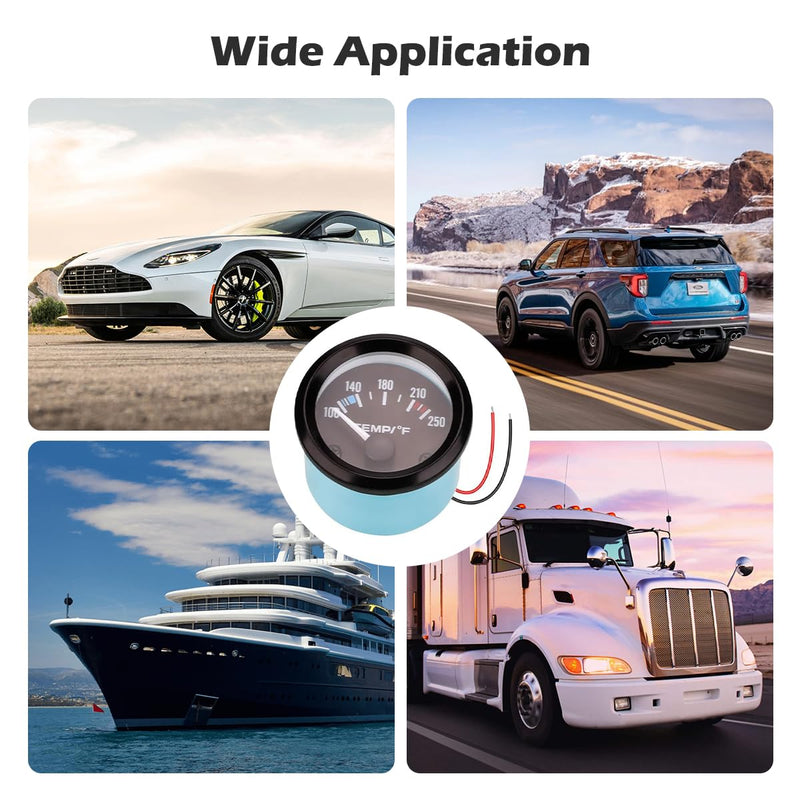 Universal 2"/52mm Water Temperature Gauge 100-250℉ Water Temp Gauge Kit DC12V with LED Light Indicator Display and Sensor for Ship Car Truck Vehicle Automotive Boat Marine (White Pointer) White Pointer