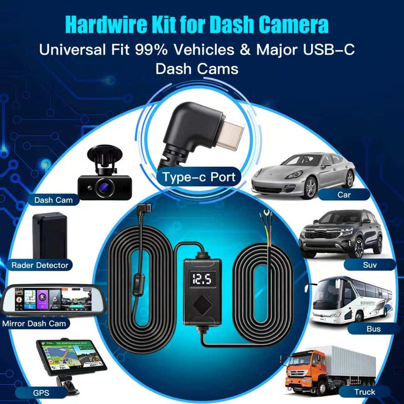 USB-C Dash Cam Hardwire Kit with Acc Detection, LED Display, 4-Level Adjustable Low Volt Protection(11.6V/23.4V Auto-Cutoff), 12V-24V to 5V/3A Adapter, 3-Lead Cable for Recorder 24/7 Parking Mode