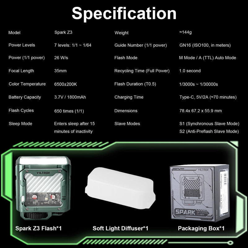 VILTROX 26Ws TTL Mini Flash Speedlite for Fujifilm, GN16 1800mAh, 1S Rapid Recycle On-Camera Flash Mini Speedlight, Spark Z3-F Flash Speedlight with Diffuser, Green Z3 For Fujifilm(Green)