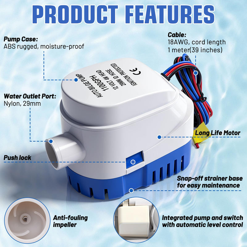 Geloo Automatic Submersible Boat Bilge Pump 12V 1100GPH Boat Bilge Water Pump with Float Switch (Outlet Diameter：29 mm/1.14 Inch)