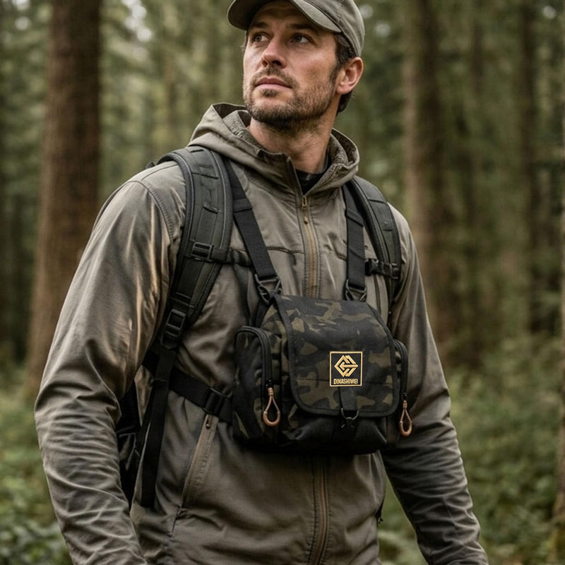 Binocular Chest Pack Camo Hunting Harness with Rangefinder Pouch | Water-resistant camo binocular pack with breathable X-back straps, storage pockets and quick access for hunting & birding