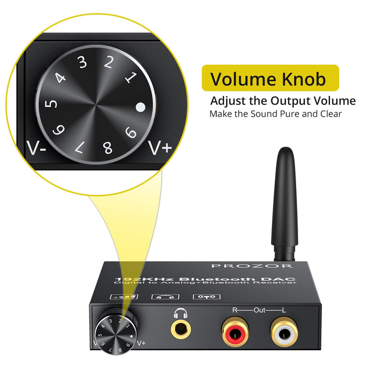 PROZOR 192kHz Digital to Analog Audio Converter with 5.0 Bluetooth Receiver,Optical to L/R Converter with Volume Adjustable, Optical Coaxial Bluetooth Digital Audio to Stereo Analog L/R & 3.5mm DAC Bluetooth Receiver with Adjustable Volume