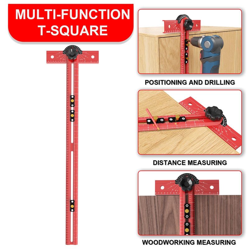 29 Inch Woodworking T Square Ruler, Adjustable Angle 15-165° Measurement Tool, Aluminum Alloy Body Precision Drilling Positioning Guide for Carpentry, Drafting, Architec, Scribe Crafting 29in red