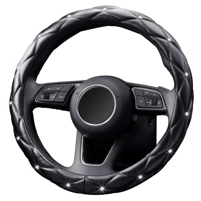 YOGURTCK Diamond Soft Leather Anti-Slip Steering Wheel Cover with Bling Bling Crystal Rhinestones, Universal 15 Inch for Women Girls, Fit Vehicles, Sedans, SUVs, Vans, Trucks - Black A-Black