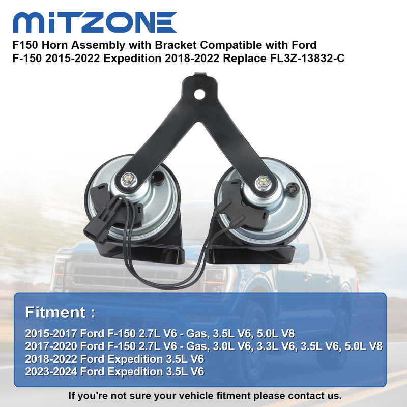 MITZONE F150 Horn Assembly With Bracket Compatible with Ford F-150 2015-2022 Expedition 2018-2022 Replace FL3Z-13832-C Black