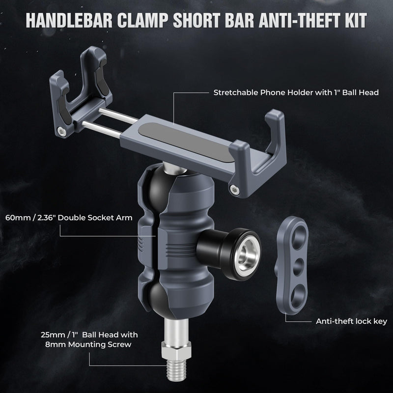 Anti-Theft Phone Holder Kit, with M8 Screw for Mirror Install, 25mm Ball Head & Seat Short Bar Double Socket Arm, 360° Adjustable Motorcycle Phone Mount, for Tricycle/ATVs (KPS-05) KPS-05-25mm/1 Inch Ball-M8 Screw-Mirrors Install