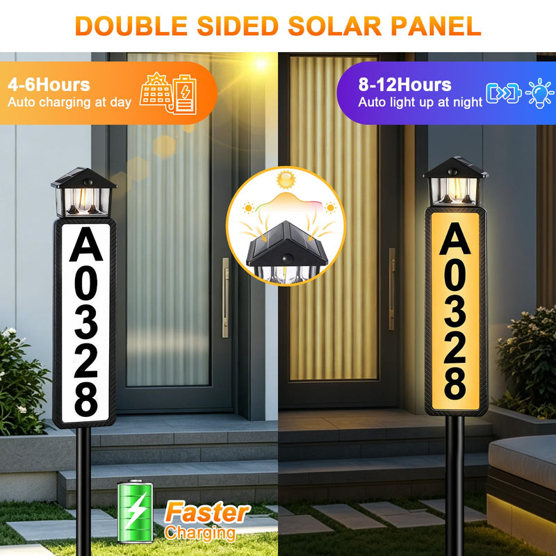 Solar Address Sign, Lighted House Numbers for Outside with Dual Solar Panels, 3 Color LED Illuminated Address Plaque Outdoor with Stake, Waterproof Solar Powered Address Numbers for House Yard Street Black