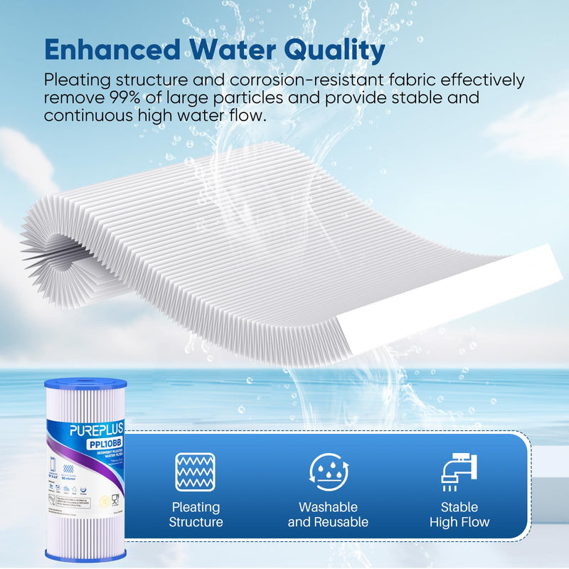 PUREPLUS 50 Micron 10" x 4.5" Extra Coarse Pleated Sediment Filter for Well Water, Replacement Cartridge for GE FXHSC, Culligan R50-BBSA, Pentek R50-BB, DuPont WFHDC3001, W50PEHD，GXWH40L, 2Pack 2 Count (Pack of 1)
