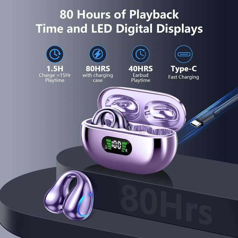 Comfort Clip On Earbuds, Bluetooth 6.1 Open Ear Bone Conduction Headphones, with Digital Display Charging Case Sport Earphones Built-in Mic Waterproof for Running Fitness Exercise, Violet