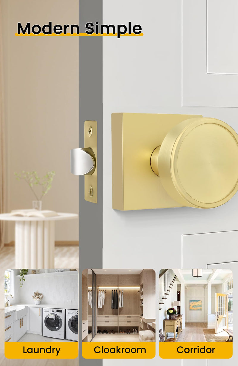 Goldenwarm Gold Passage Door Knob Interior, Zinc-Alloy Round Brushed Gold Closet Door Knob Heavy Duty Hall Closet Doorknob, Hallway - 1 Pack