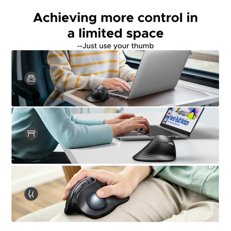 UGREEN M785DR Wireless Trackball Mouse, Bluetooth & 2.4G, Thumb Control | Rechargeable, Precise and smooth tracking, 3 Devices Use, 4D Scroll Wheel, 5 DPI Levels, Compatible with PC Mac Windows