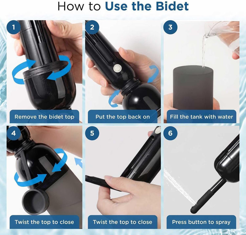 Aqualise Portable Bidet for Travel, USB-C Rechargeable Electric Handheld Bidet Sprayer with 3 Nozzles & Carry Pouch - High-Pressure Waterproof Peri Bottle for Postpartum Care, Women & Men