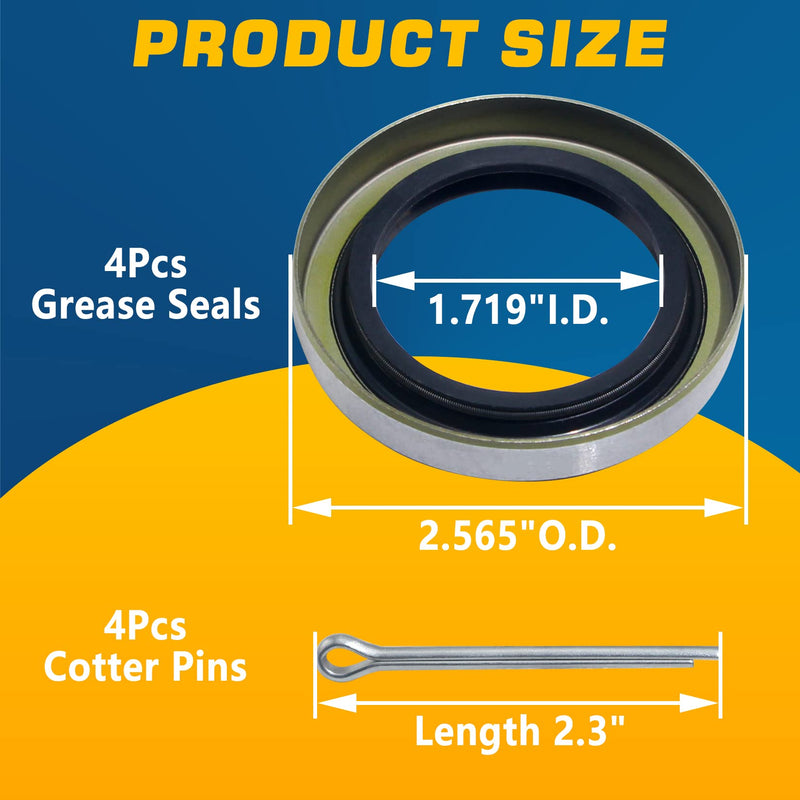 4pcs Trailer Axle Hub Wheel Grease Seals 1.719''I.D x 2.565''O.D with 4pcs Cotter Pins for Dexter 010-019-00 (10-19) Transcom 171255TB National 473336, 3500 lbs #84 Spindle E-Z Lube Axles KIT#3-1 (4Pcs Grease Seals 171255TB)