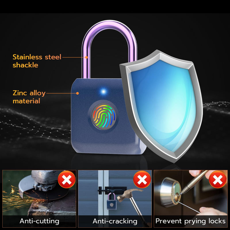 Pothunder Fingerprint Padlock, Smart Padlock, Locker Lock, Biometric Metal Keyless Fingerprint Lock, USB Rechargeable, for Gym Locker, Luggage, Backpack(Blue) Only Finger Blue