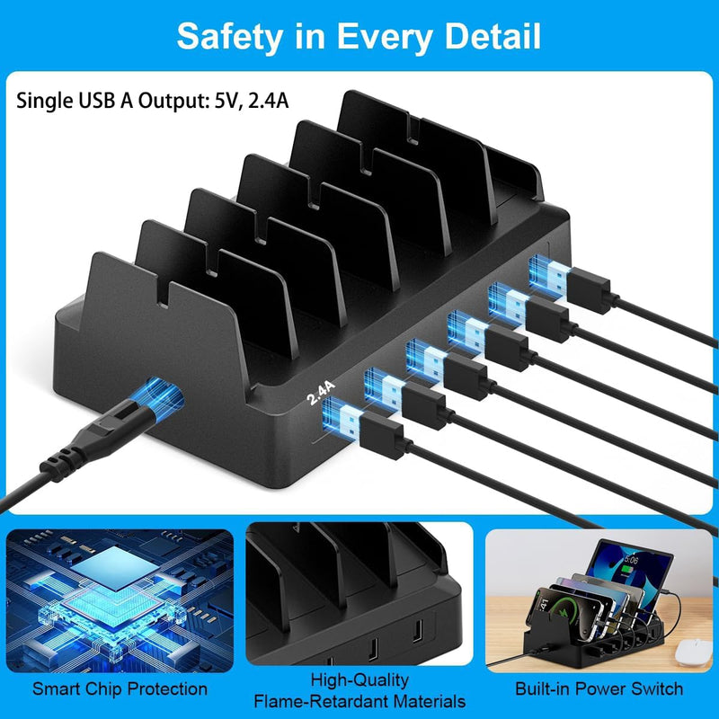 Charging Station for Multiple Devices, 6 Port USB Desktop Charger Dock Compatible with iPad, Samsung, Android, Tablet, Family Multi Phone Charging Organizer with Divider Holders, Fireproof ABS (Black) Black