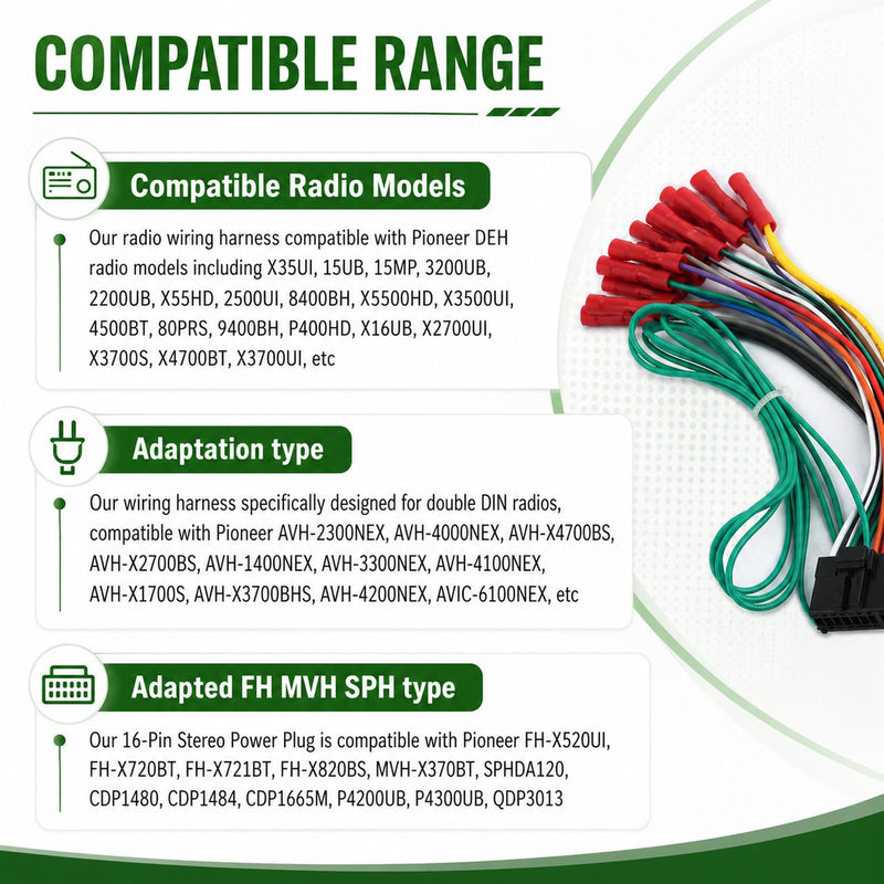 16 Pin Radio Wiring Harness Replacement,Stereo Wiring Harness Connects Stereo to Car Electrical System,Wirings Harnesses Compatible with Pioneer DEH AVH AVIC MVH FH SPH