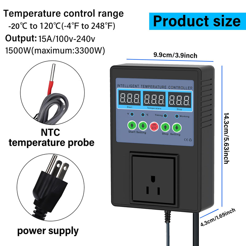 TempMaster Digital Temperature Controller Outlet,Heating & Cooling Thermostat with Dual Relay 15A 3300W,-20~120℉ Incubator Thermostat with Waterproof Probe,Temperature Control Switch for Reptile Tank