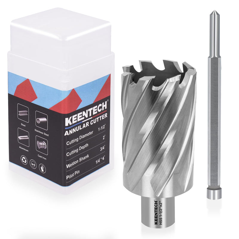 KEENTECH HSS Annular Cutter,1-1/2 Inch Diameter x 2 Inch Depth, 3/4 Inch Weldon Shank (2 Flat), M2AL High Speed Steel Mag Drill Bit with 1/4" x 4" Pilot Pin for Stainless Steel, Cast Iron, Alloy 1-1/2" dia 2" depth