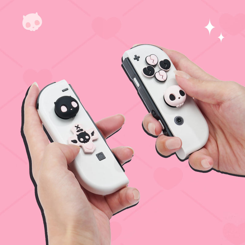 GeekShare Silicone Cross D-Pad Button Caps Set Joystick Cover - Cute ABXY Key Buttons Sticker Compatible with Nintendo Switch/OLED Joy Con - Sweetheart Skull