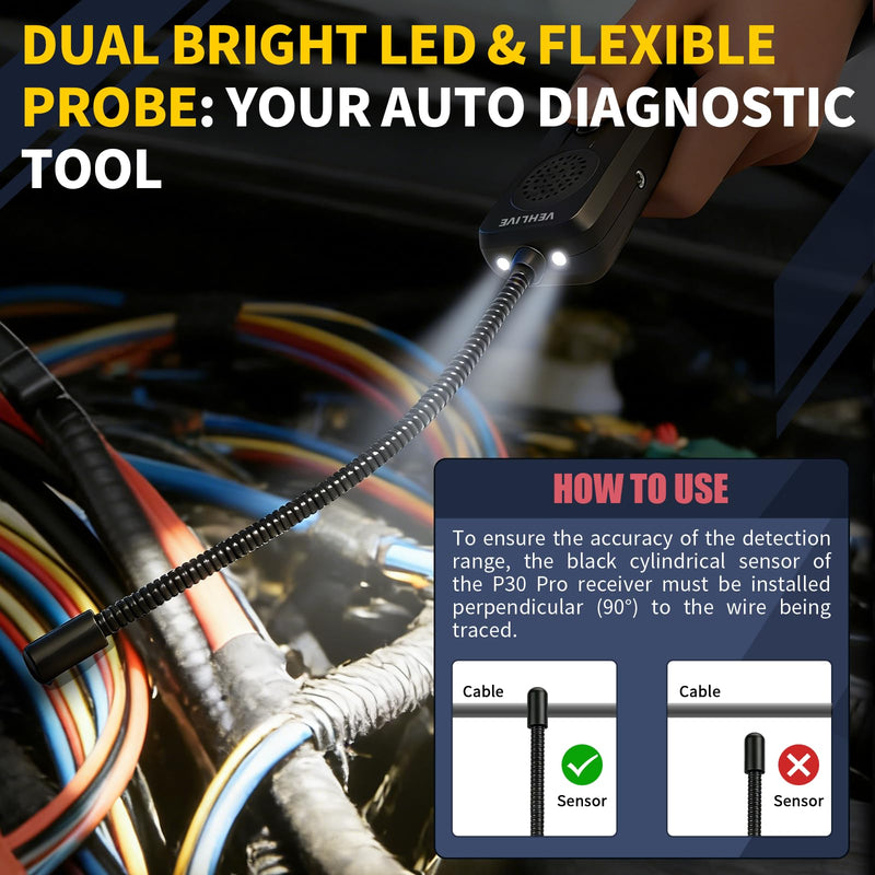 P30 Pro Circuit Tracer with Dual LED Lights, Automotive Electrical Open & Short Finder, Fault Probe Cable Tester, Diagnostic Tool for Vehicle Wiring Repair, Cable Toner, DC 6-42V(With Battery) With Battery