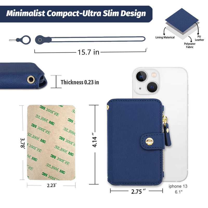 Phone Wallet Stick On,M-Plateau PU Leather Card Holder with Zipper Coin Pocket Compatible with iPhone and iPhone Case for Women with 3M Adhesive and Phone Lanyard Navy Blue