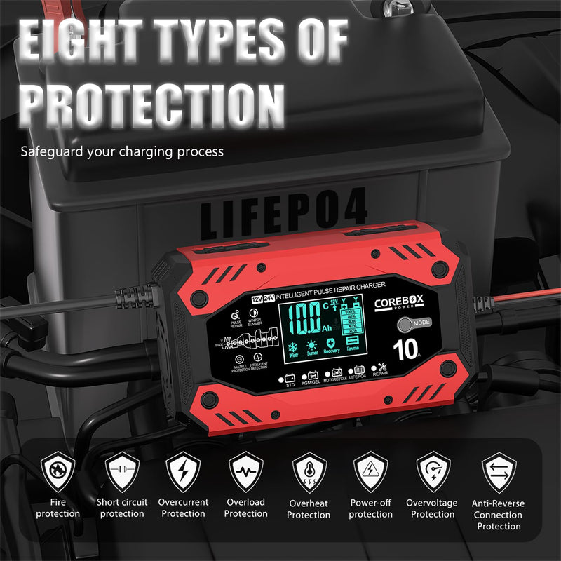 Battery Charger 10-Amp 12V/24V Smart Trickle Charger for Car - Battery Maintainer Trickle Charger, and Automotive Battery Charger with Temperature Compensation for Car Truck Motorcycle Lawn Mower 10CD