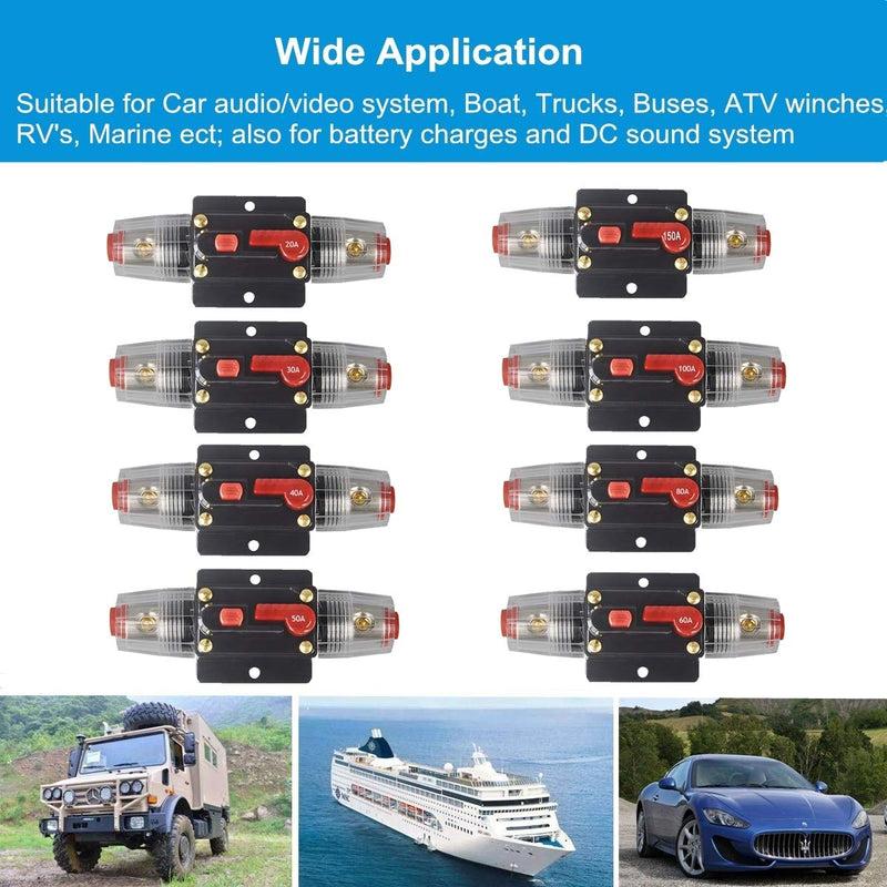 30A 40A 50A 60A 80A 100A 150A Audio Circuit Breaker Auto Car Stereo Inline Fuse Holders Inverter, Manual Reset 12V-24V DC for Automotive Marine Boat Audio System Protection (80A) WA80A