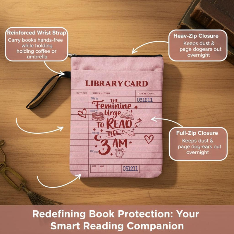 Library Card Book Sleeve Tote Bag for Readers, Pink Canvas Book Cover with Handle, Feminine Urge to Read Till 3AM Design, Book Lover Gift rosy pink large
