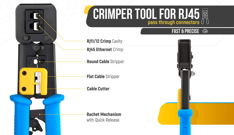 Everest Media Solutions RJ45 Crimp Tool Kit, with 50 Cat6 Pass Through Connectors and 50 Strain Relief Boots + Extra Blades - EZ Cut, Strip, Crimp Ethernet Cables - Professional Network Crimping Tool w/ Cat6 Plugs & Boots