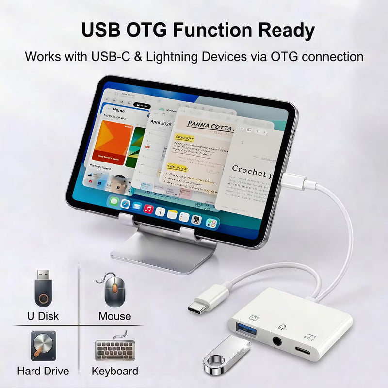USB-C & Lightning to 3.5mm Audio Jack Adapter, Lightning to USB C Adapter with USB-A OTG Port and 3-in-1 USB-C Port for Charging, Data Transfer & Aux Audio, Compatible with iPhone17 iPad Galaxy S26